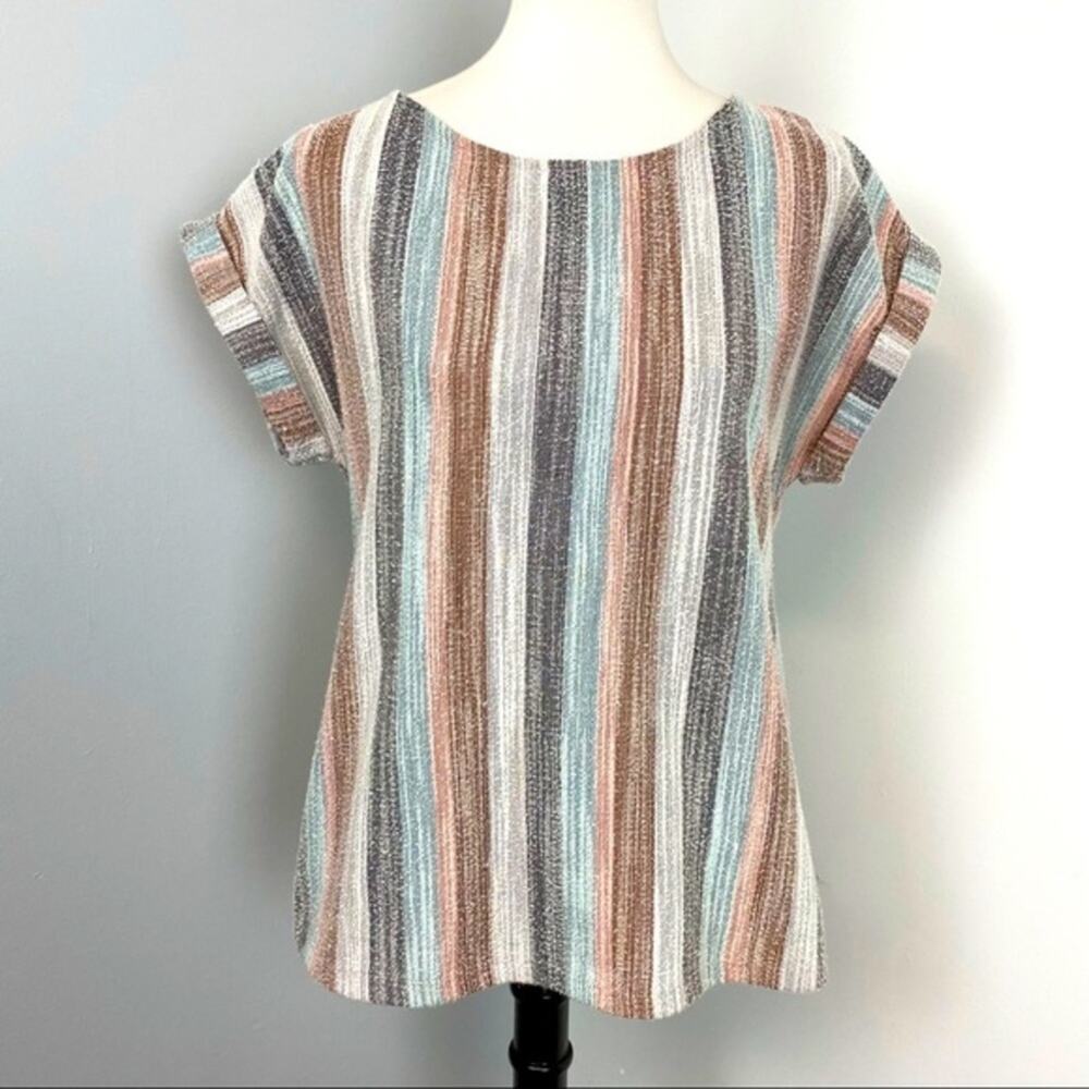 W5 Striped Textured Cuffed  Short Sleeved Top Medium
